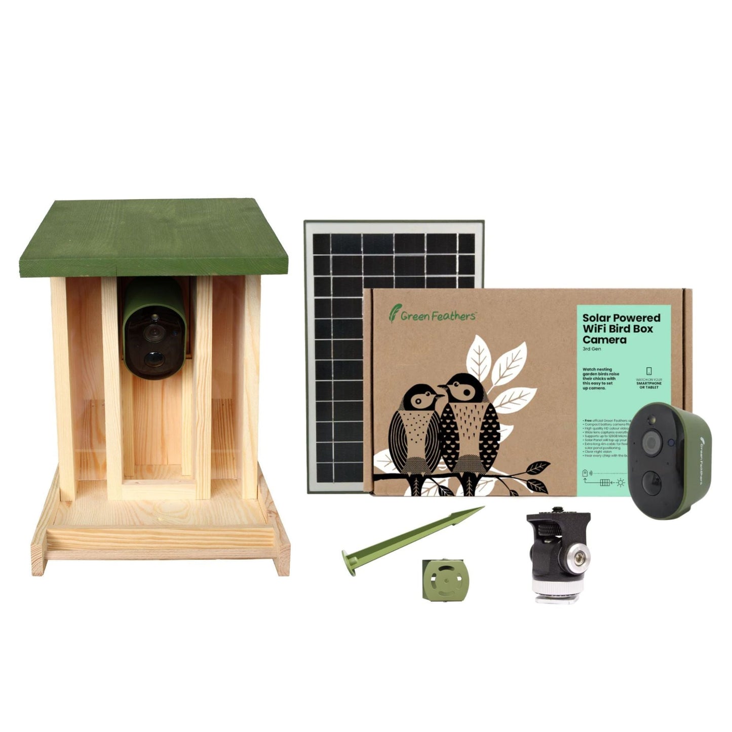 Green Feathers Solar Powered WiFi Camera Wooden Bird Feeder Kit