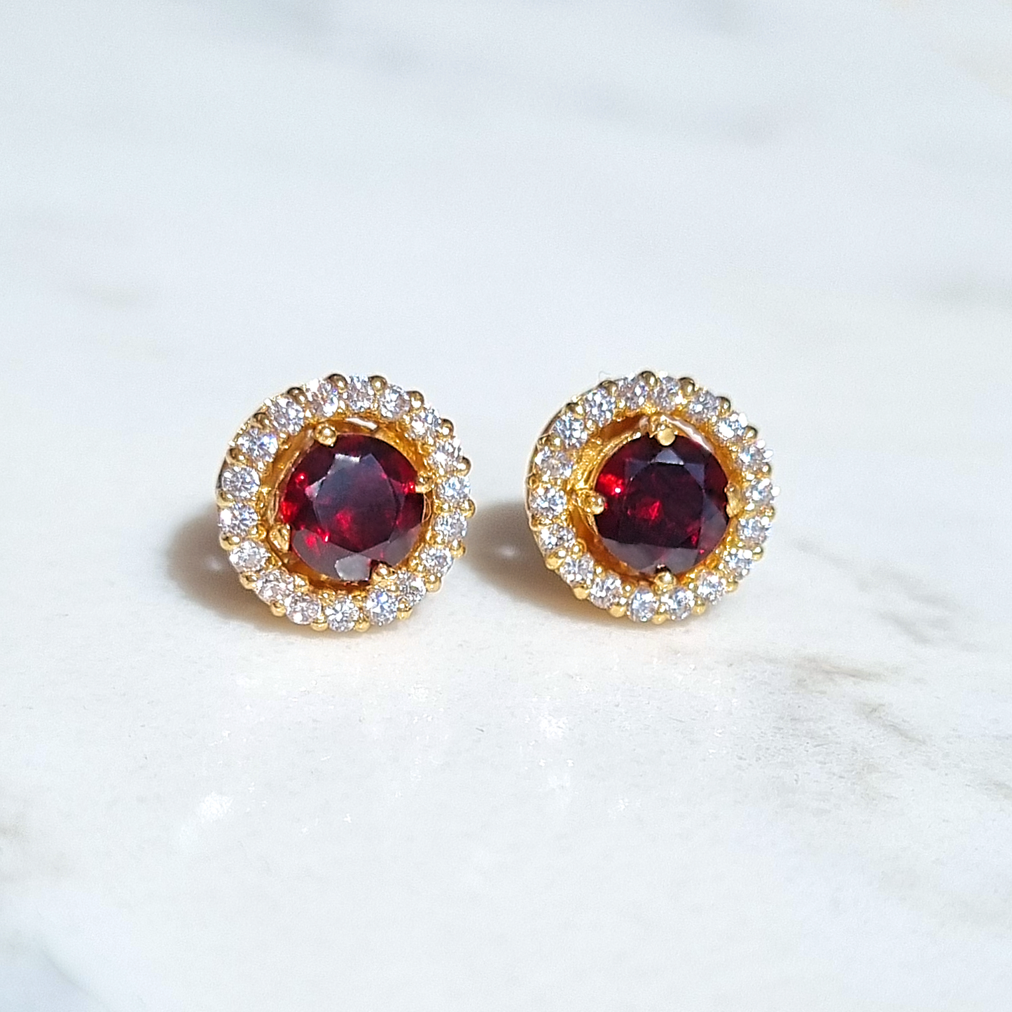 Garnet Halo Stud Earrings with Jackets in 18k Gold Vermeil by Vianne Jewellery