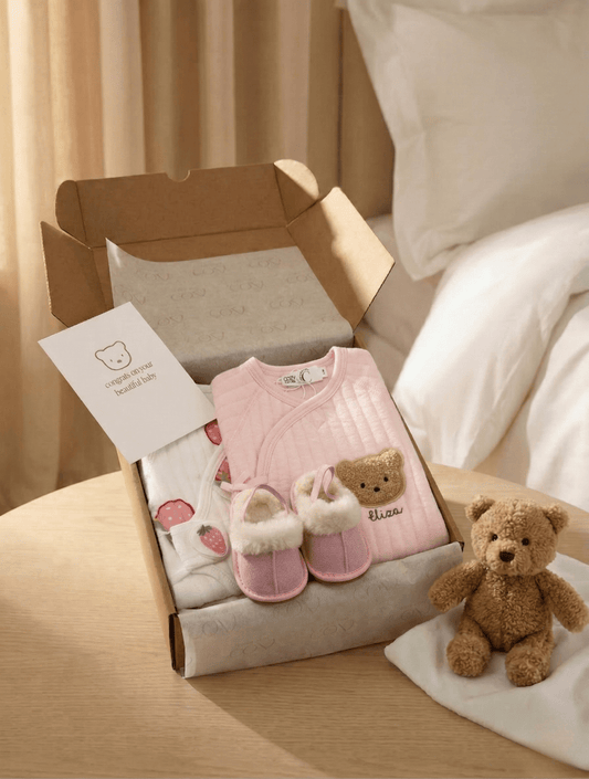 The Cozy Pink Boucle Baby Bear & Strawberry Personalised Gift Box