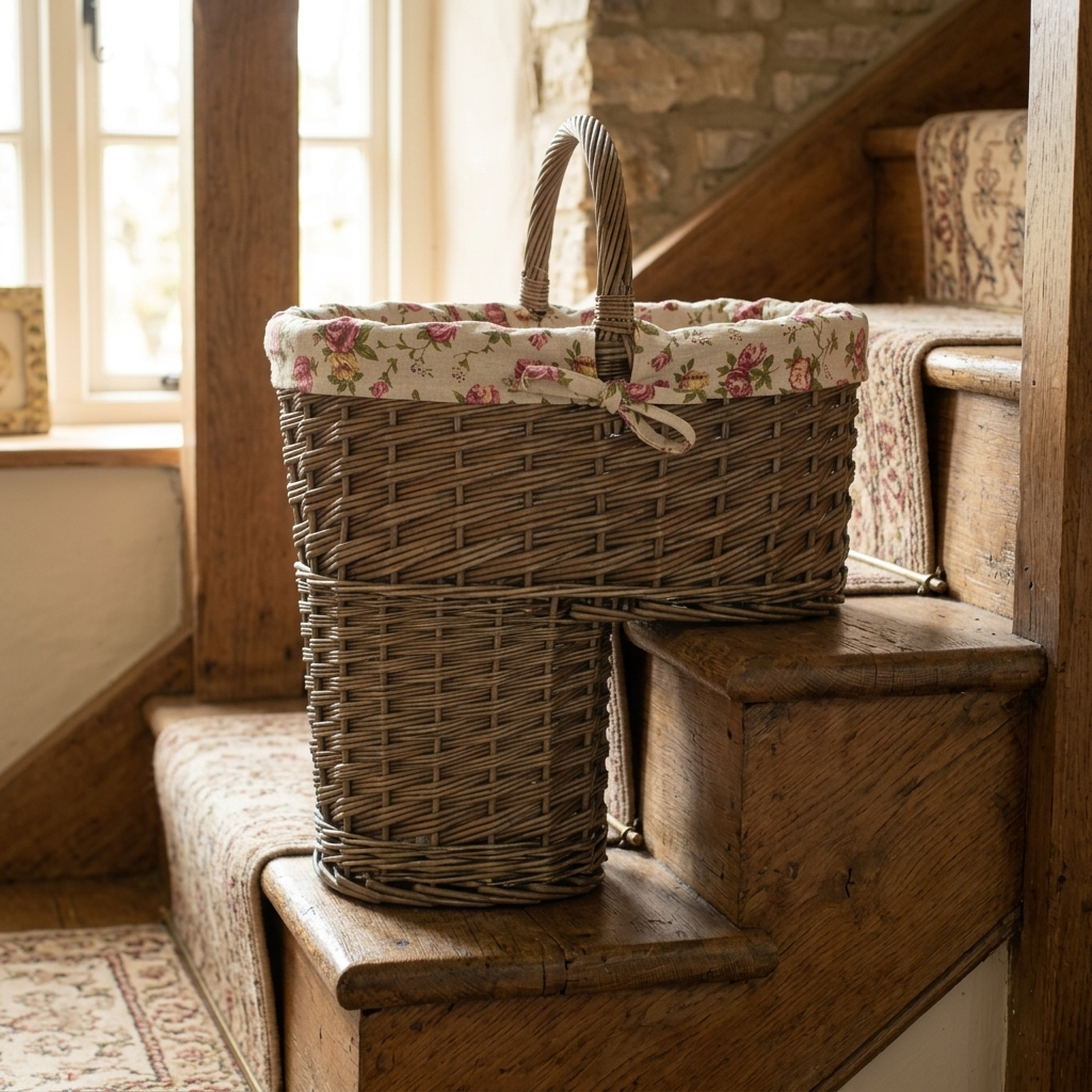 Antique Wash Stair Basket with Garden Rose Lining
