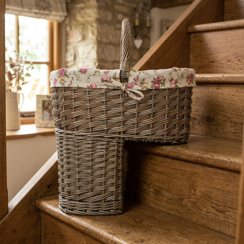 Antique Wash Stair Basket with Garden Rose Lining