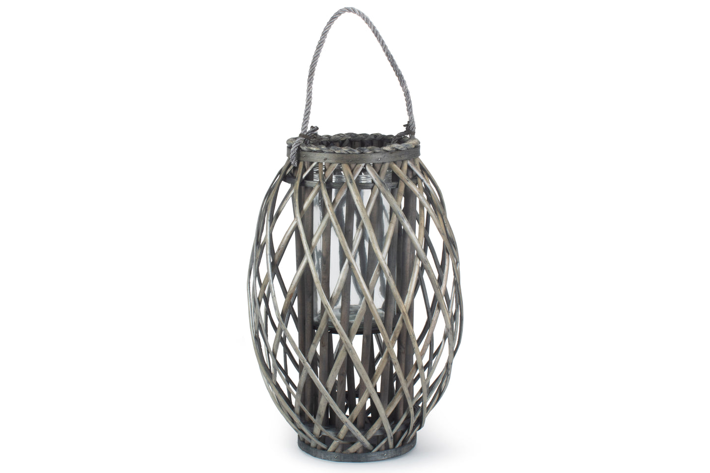 Grey Wash Willow Candle Lantern with Rope Handle