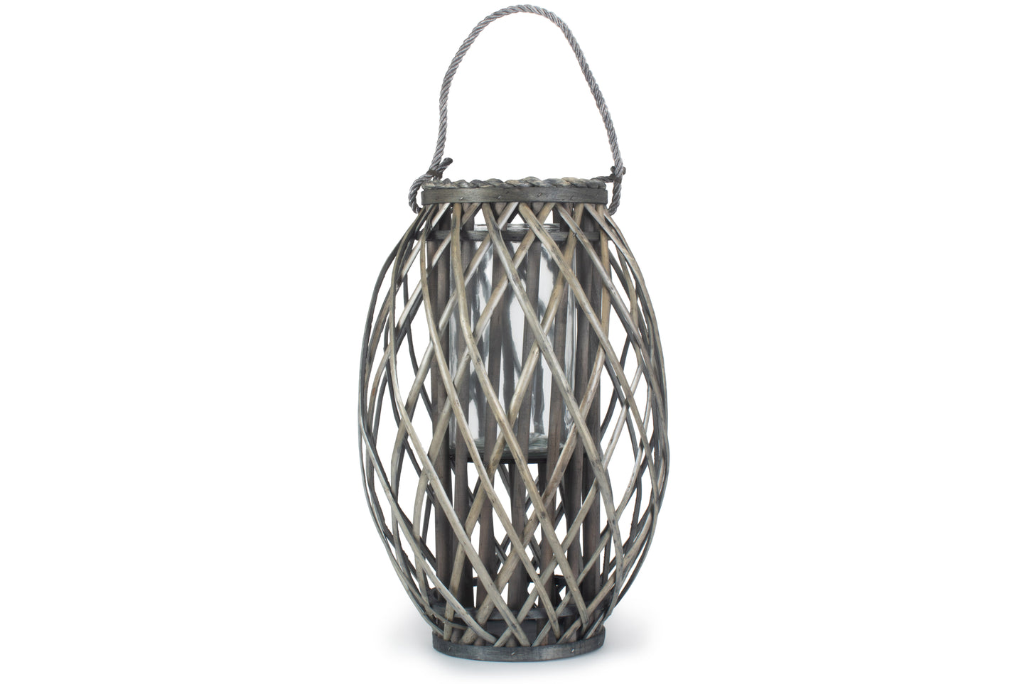 Grey Wash Willow Candle Lantern with Rope Handle
