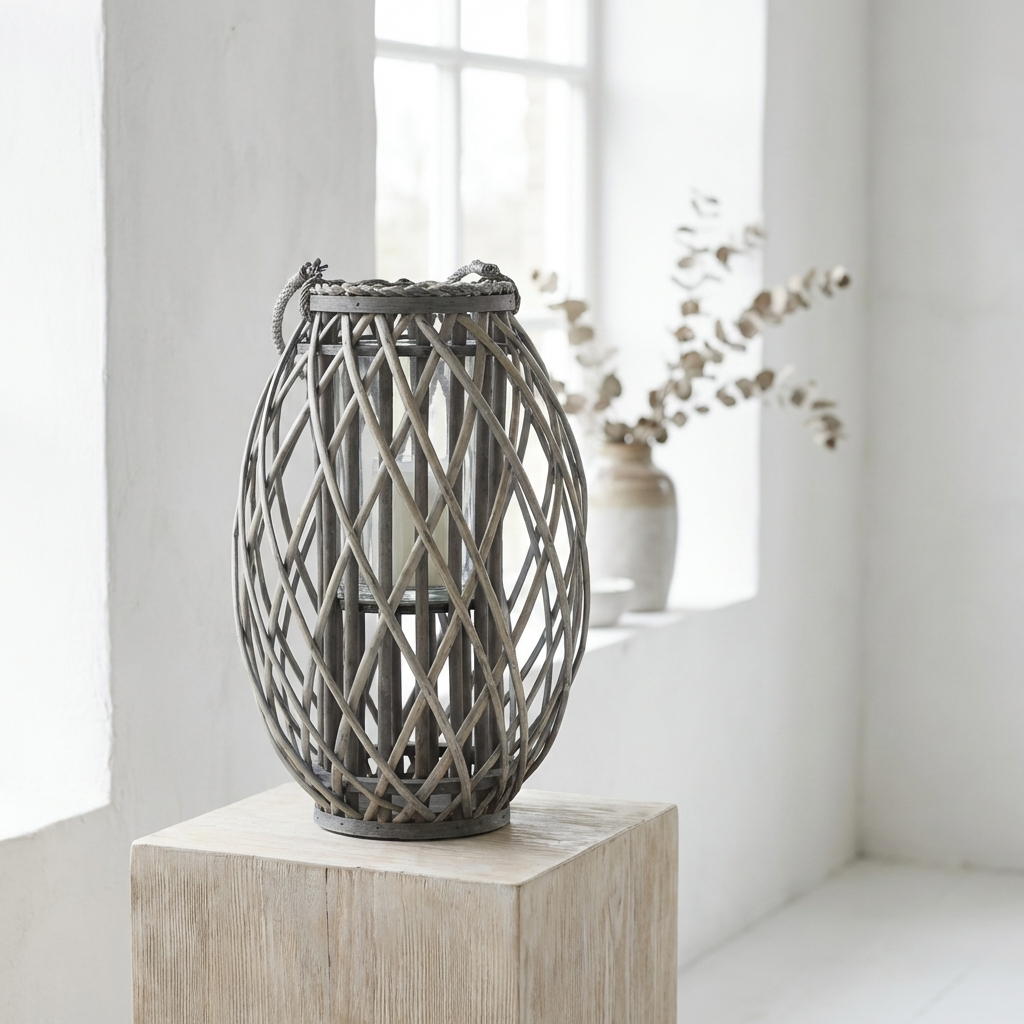 Grey Wash Willow Candle Lantern with Rope Handle
