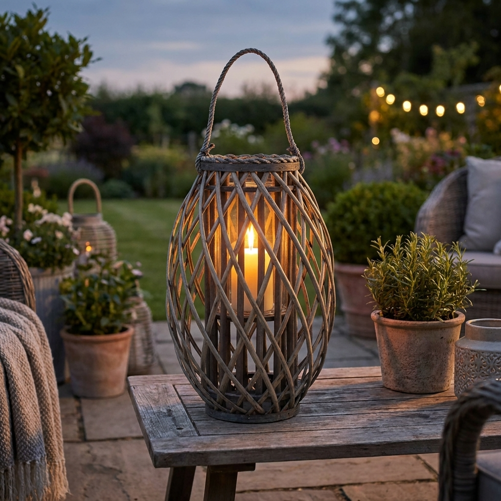 Grey Wash Willow Candle Lantern with Rope Handle