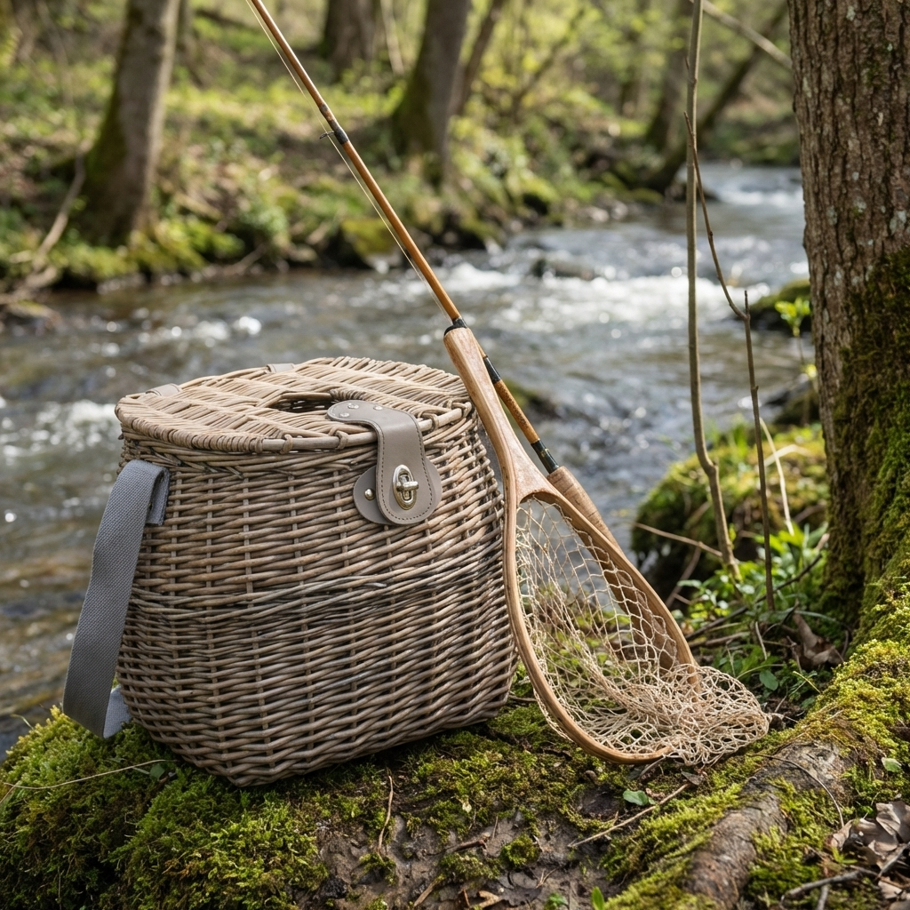 Antique Wash Willow Fishing Creel Basket with Shoulder Strap