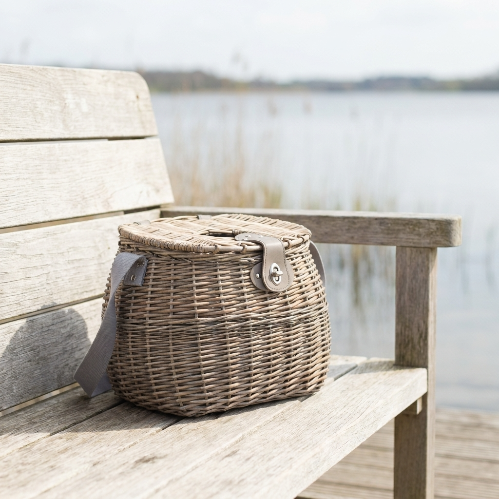 Antique Wash Willow Fishing Creel Basket with Shoulder Strap