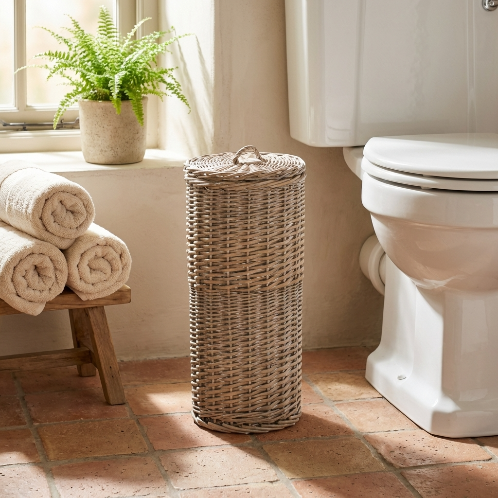 Grey Wash Round 3 Toilet Roll Holder – Wicker Bathroom Storage