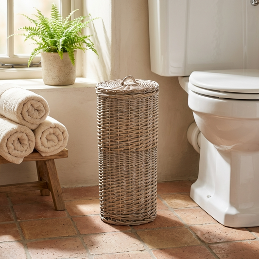 Grey Wash Round 3 Toilet Roll Holder – Wicker Bathroom Storage