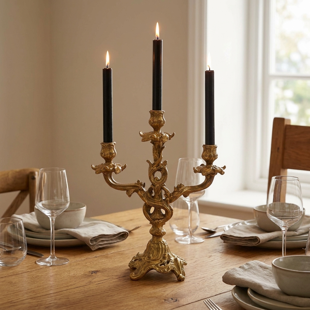 Antique gold ornate three-arm candelabra with lit black taper candles styled as a centrepiece on an oak dining table with neutral tableware and glassware.