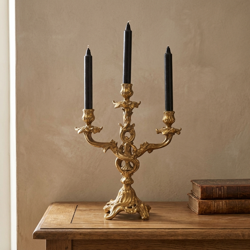 Antique gold ornate three-arm candelabra with black taper candles displayed on a traditional oak surface in a warm neutral interior.