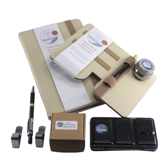 A5 JustGoSketching Kit – 40 Pages + Companion Board + 12 Handcrafted Watercolours (Half Pans)