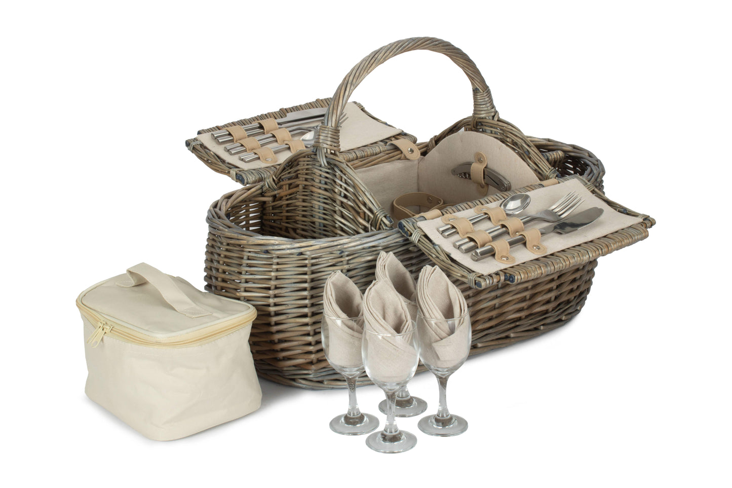 4 Person Boat Picnic Hamper open with four-person tableware and separate cream cooler bag