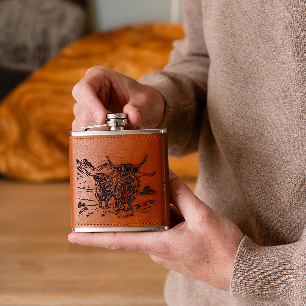 Scenic Highland Cow Leather Hip Flask by Selbrae House