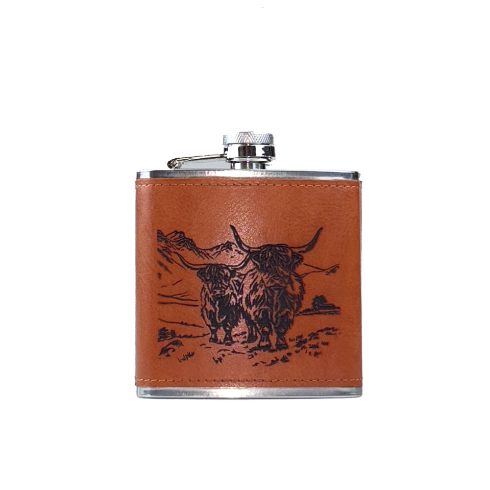 Scenic Highland Cow Leather Hip Flask by Selbrae House