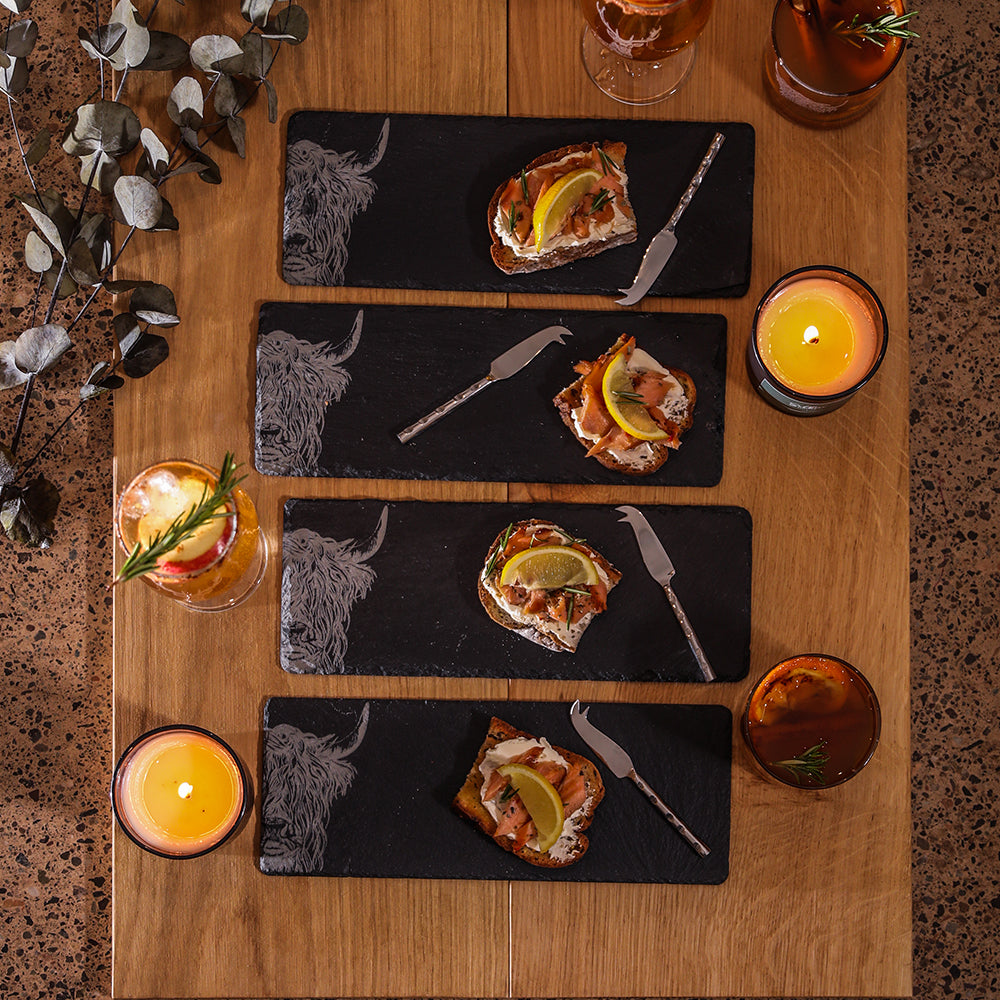Highland Cow Mini Slate Cheese Board & Knife Sets - Set of 4 by Selbrae House
