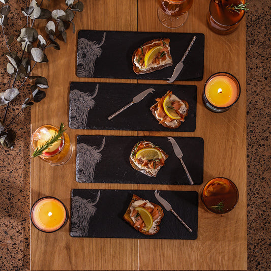Highland Cow Mini Slate Cheese Board & Knife Sets - Set of 4 by Selbrae House