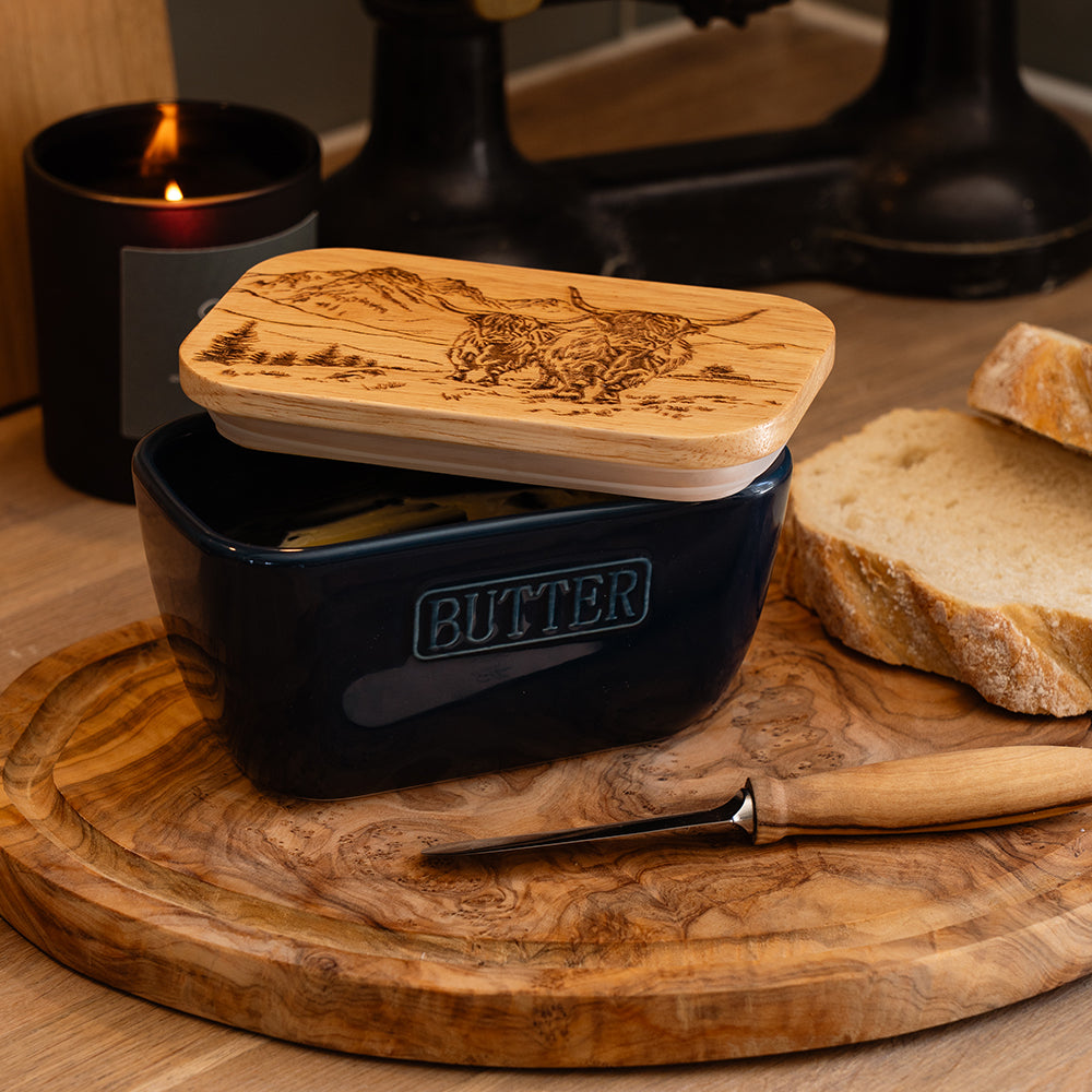 Scenic Highland Cow Blue Butter Dish by Selbrae House