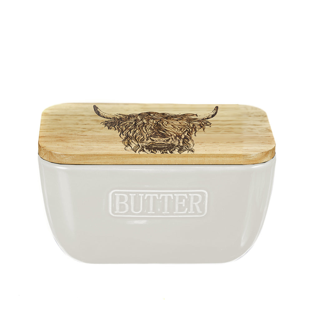 Highland Cow White Butter Dish bu Selbrae House