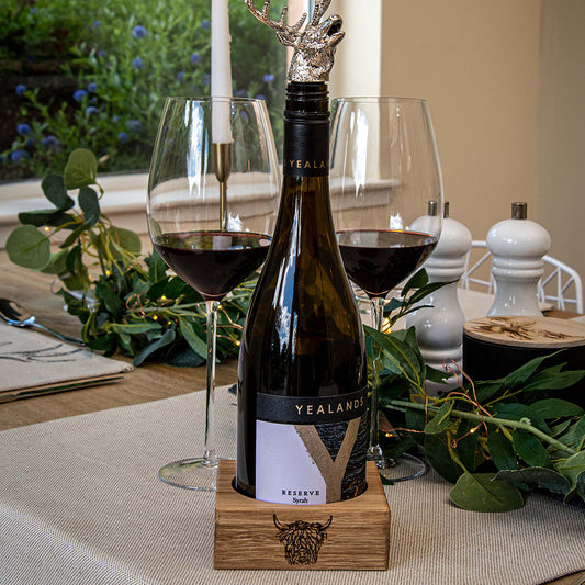 Highland Cow Oak Wine Bottle Coaster by Selbrae House