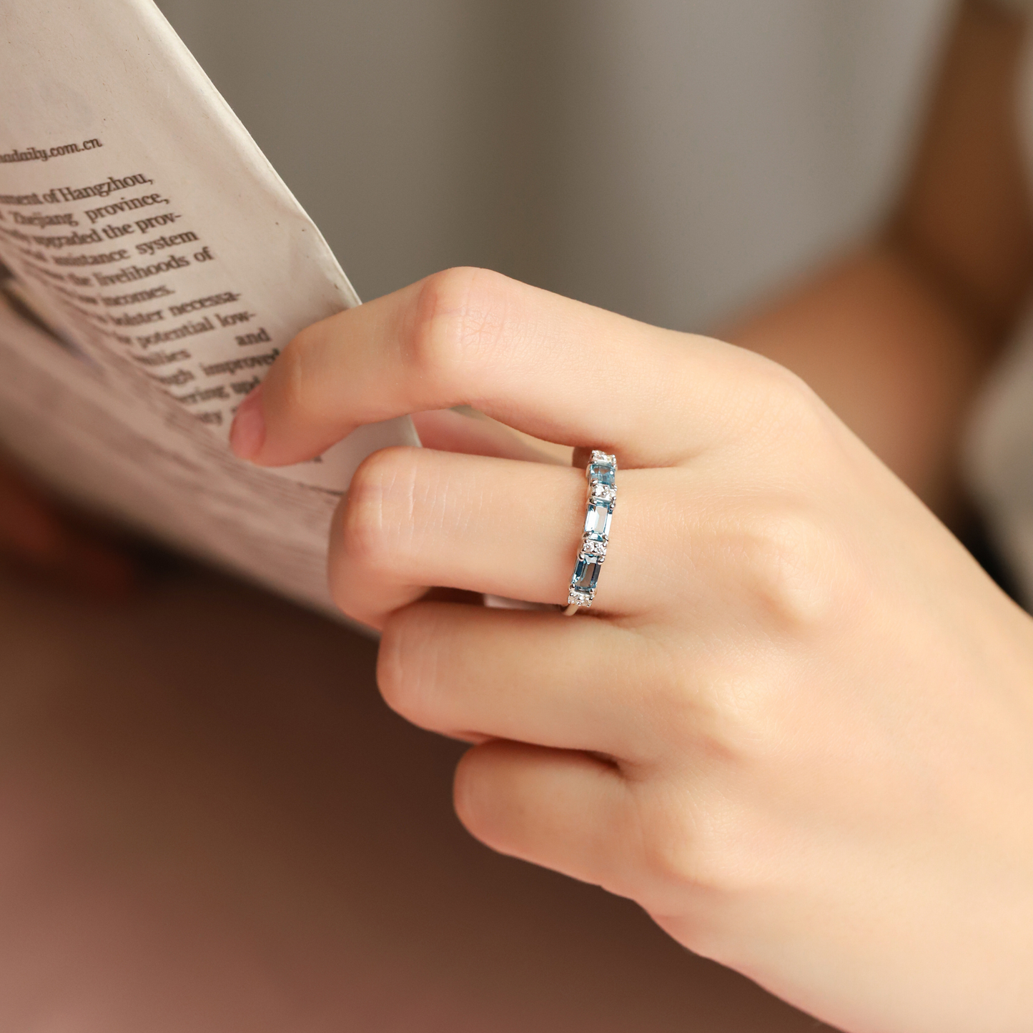 London Blue Topaz Emerald Cut Eternity Ring in Sterling Silver by Vianne Jewellery