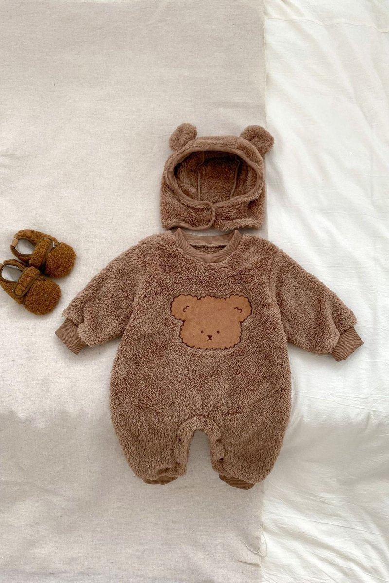 Brown Love Fur Bear Knitted Hooded Pramsuit by Cozy Crew Club