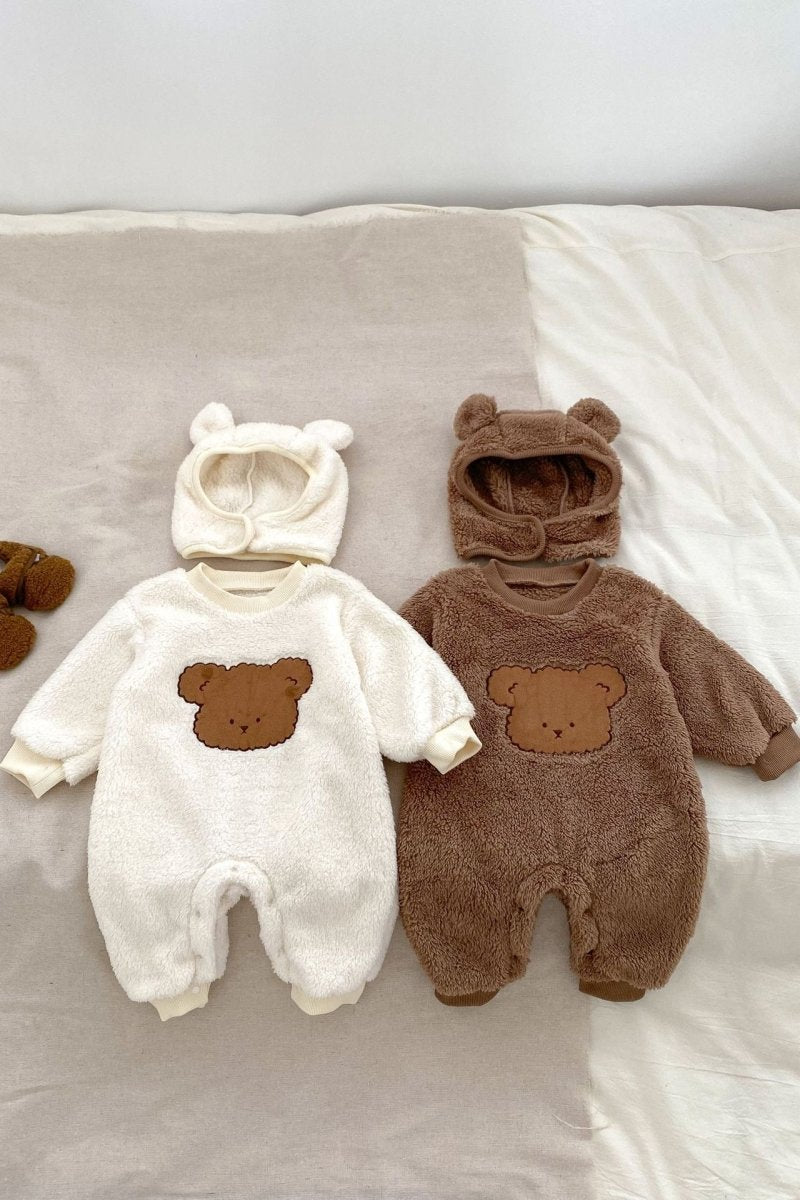 Love Fur Bear Knitted Hooded Pramsuit by Cozy Crew Club in Creme and Brown