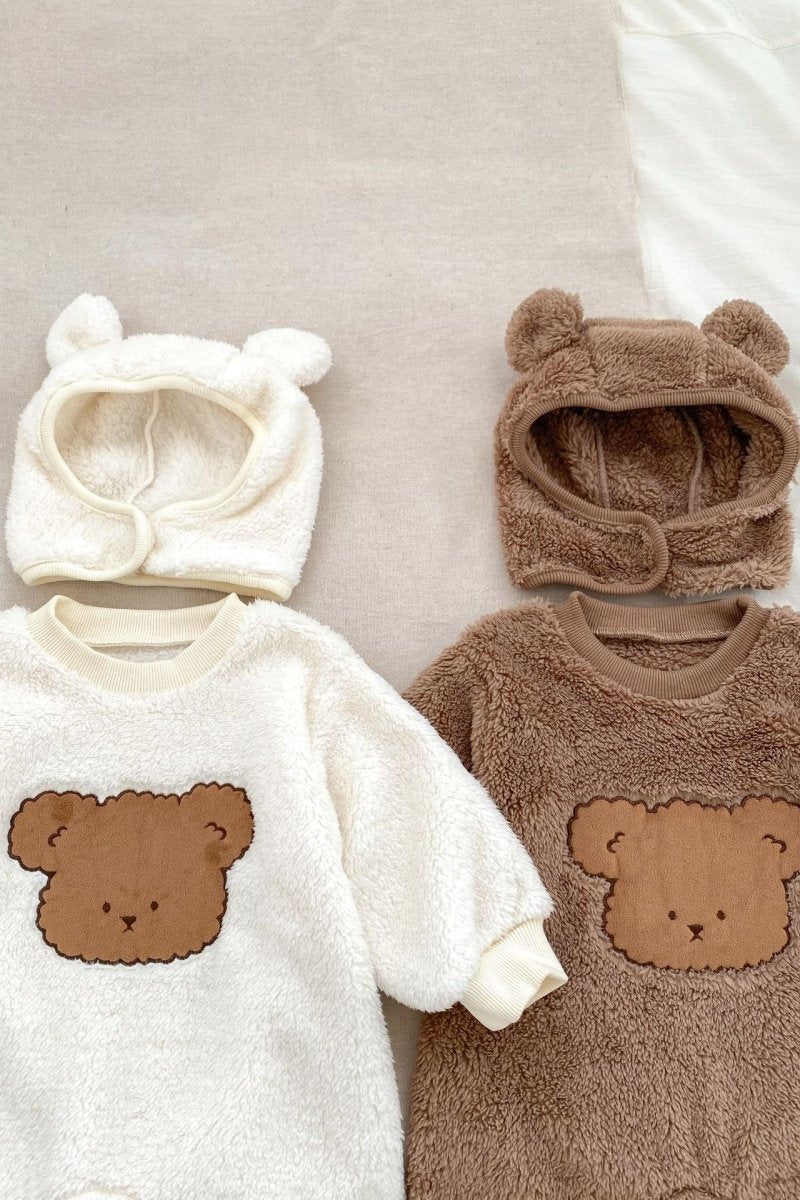 Creme and Brown Love Fur Bear Knitted Hooded Pramsuits shown together