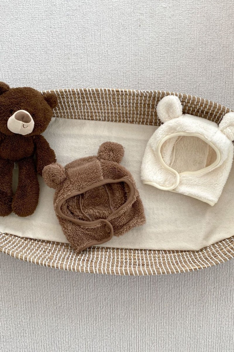 Bear-ear hood detail on the Love Fur Bear Knitted Hooded Pramsuit by Cozy Crew Club