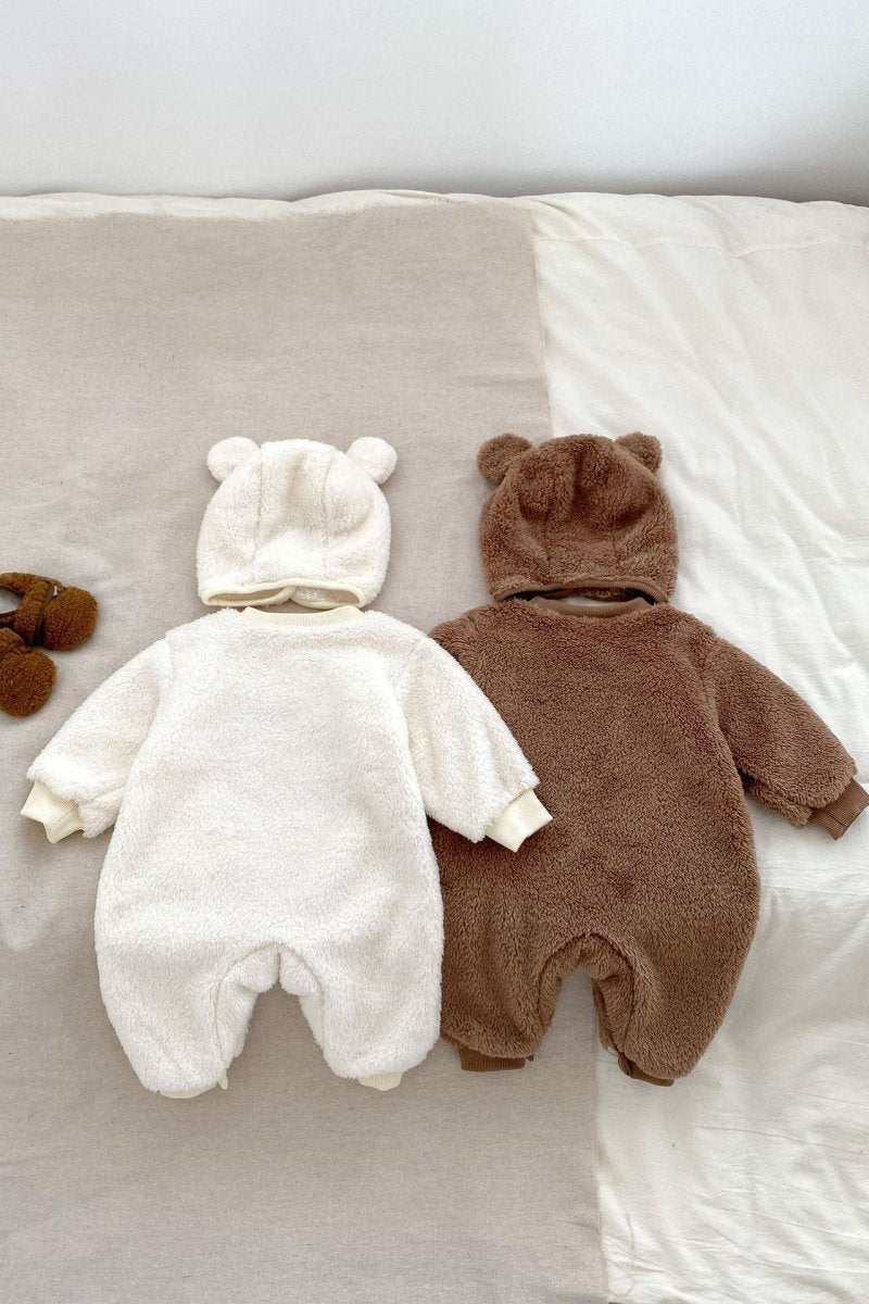 Back view of the Creme and Brown Love Fur Bear Knitted Hooded Pramsuits