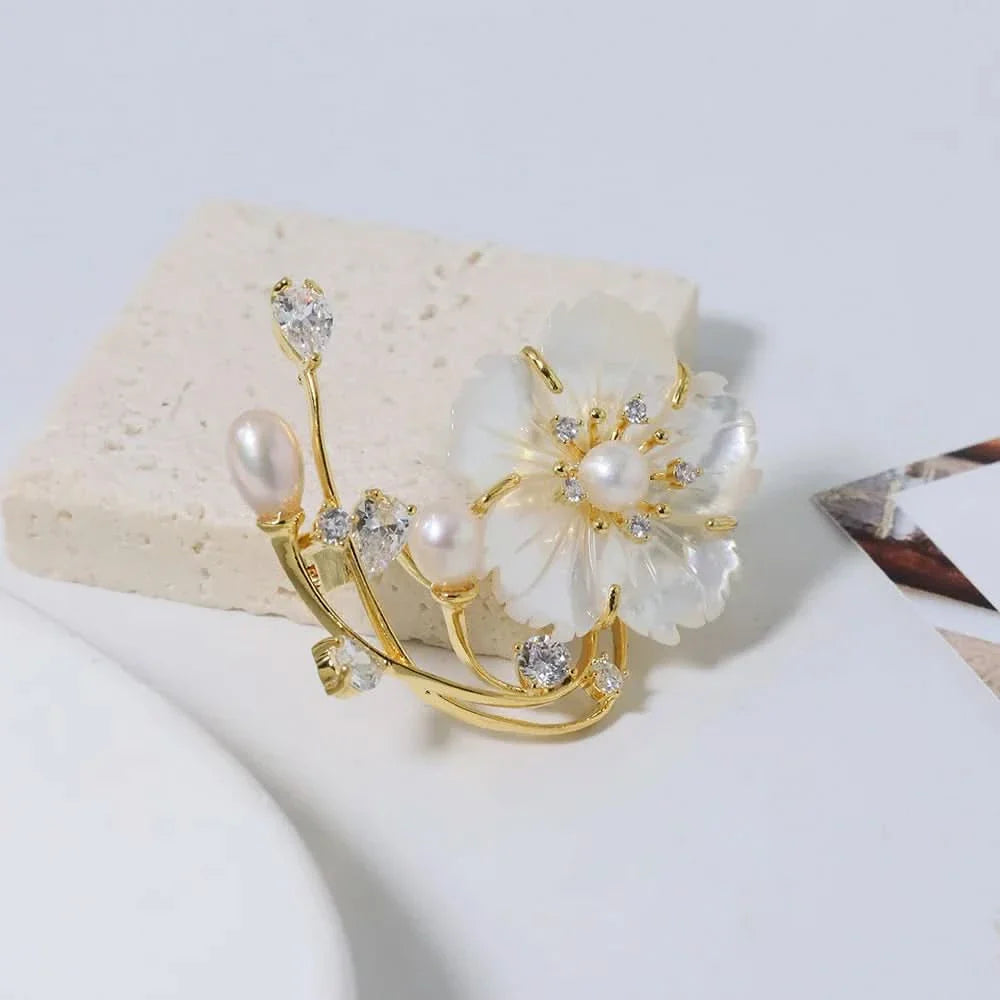 Mother Shell Floral Pearl Brooch by Angel Barocco