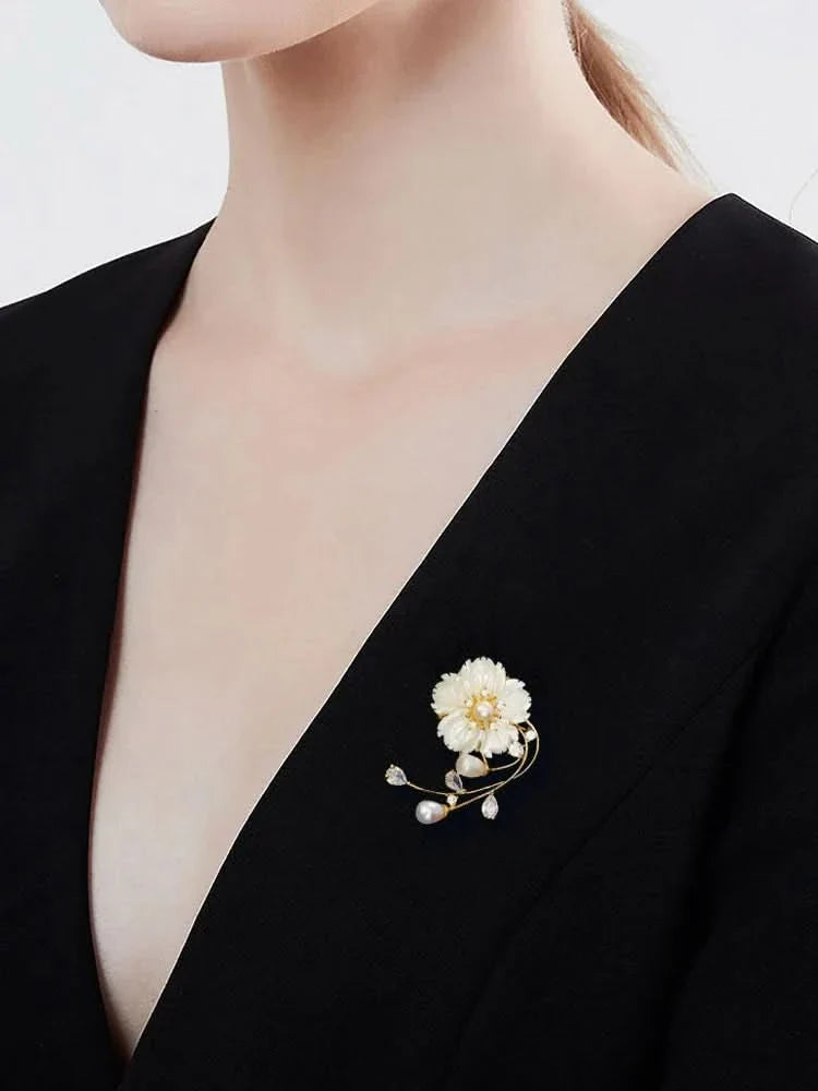 Mother Shell Floral Pearl Brooch by Angel Barocco