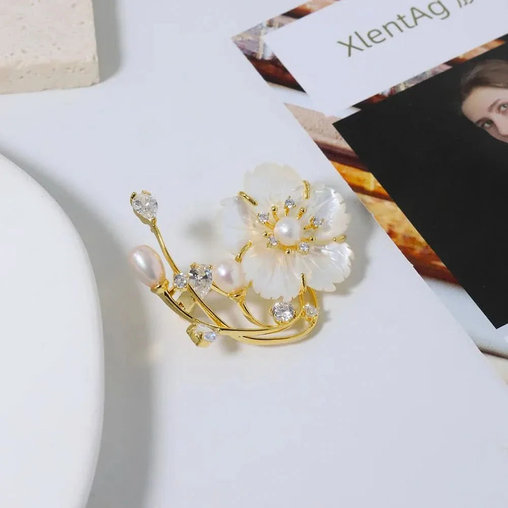 Mother Shell Floral Pearl Brooch by Angel Barocco