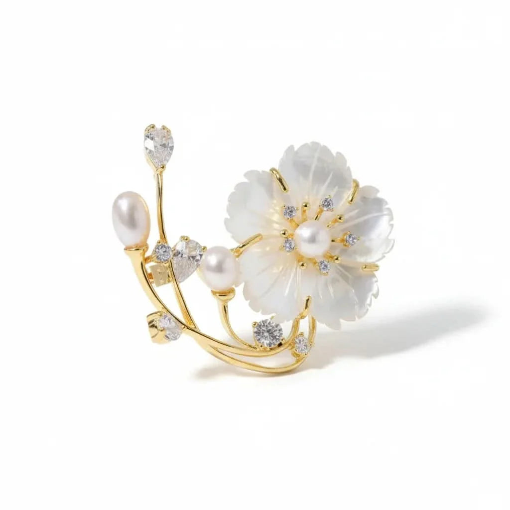 Mother Shell Floral Pearl Brooch by Angel Barocco