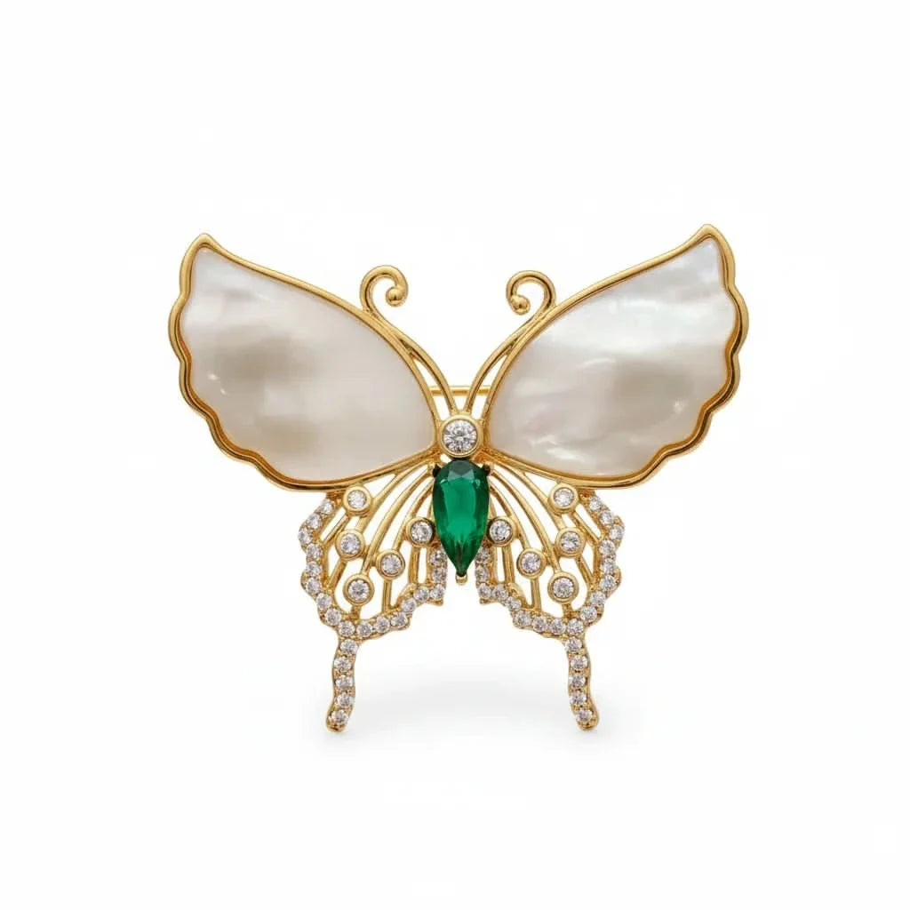 Natural Shell Diamond Butterfly Brooch by Angel Barocco