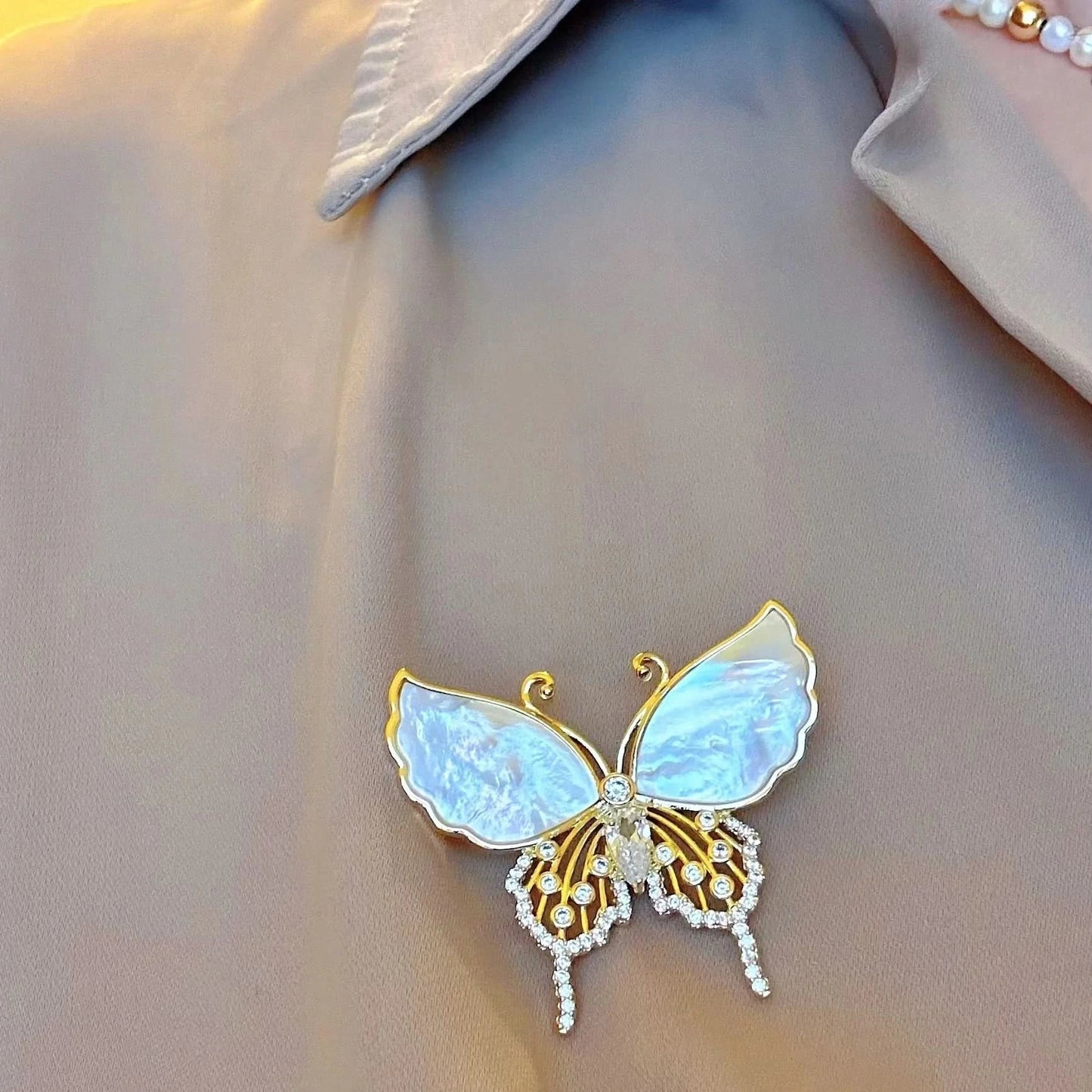 Natural Shell Diamond Butterfly Brooch by Angel Barocco