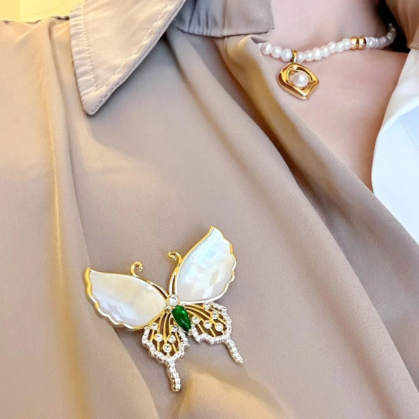 Natural Shell Diamond Butterfly Brooch by Angel Barocco