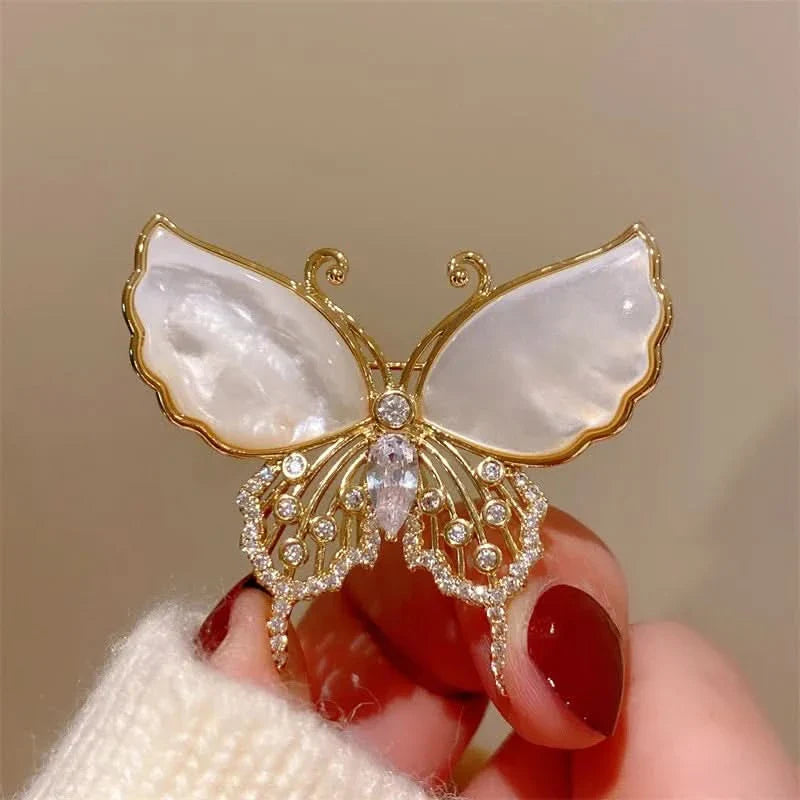 Natural Shell Diamond Butterfly Brooch by Angel Barocco