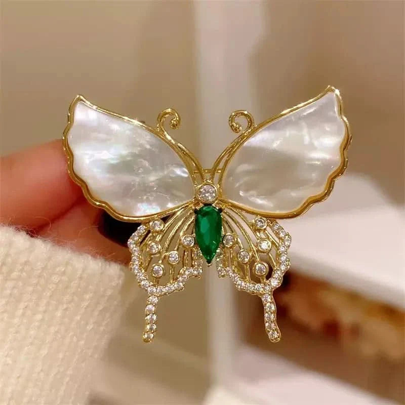 Natural Shell Diamond Butterfly Brooch by Angel Barocco