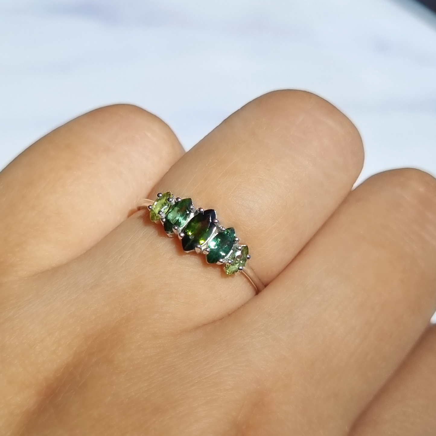 Ombre Green Tourmaline Ring in Sterling Silver by Vianne Jewellery
