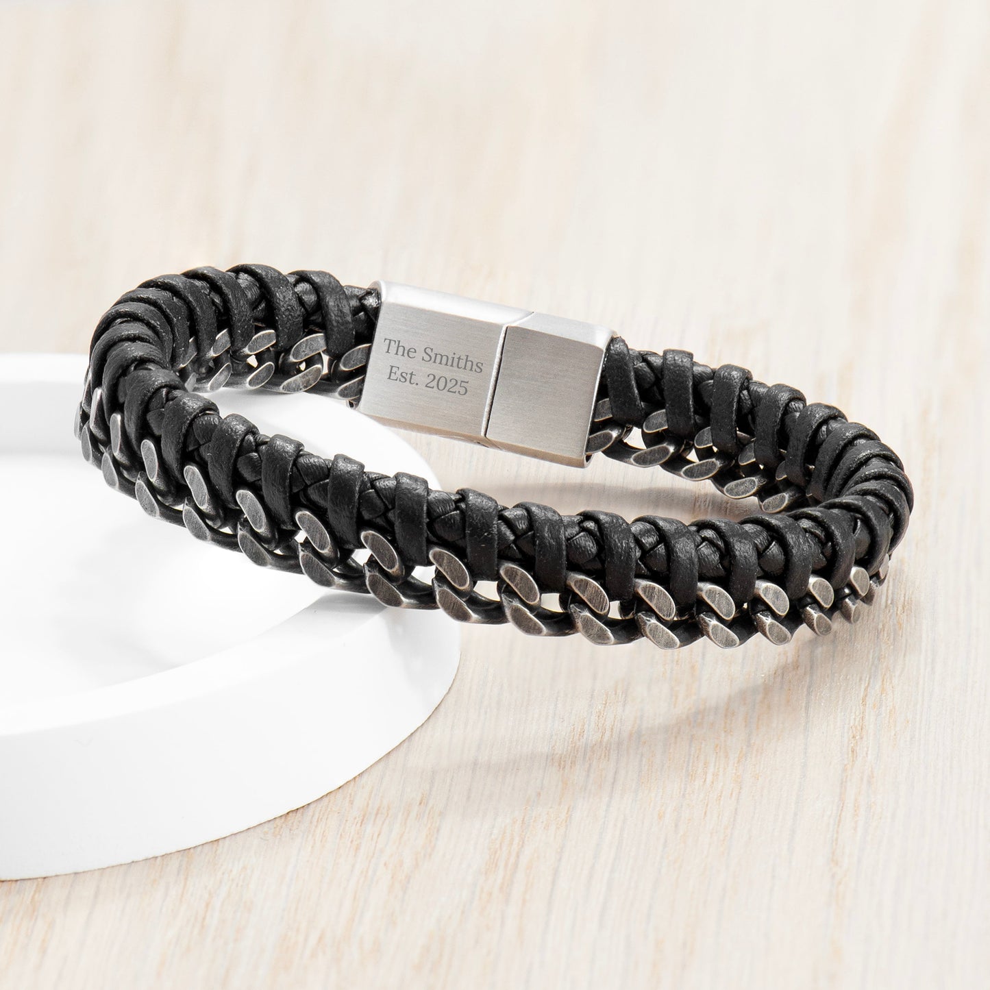 Treat Republic Personalised Men's Woven Leather and Stainless Steel Bracelet