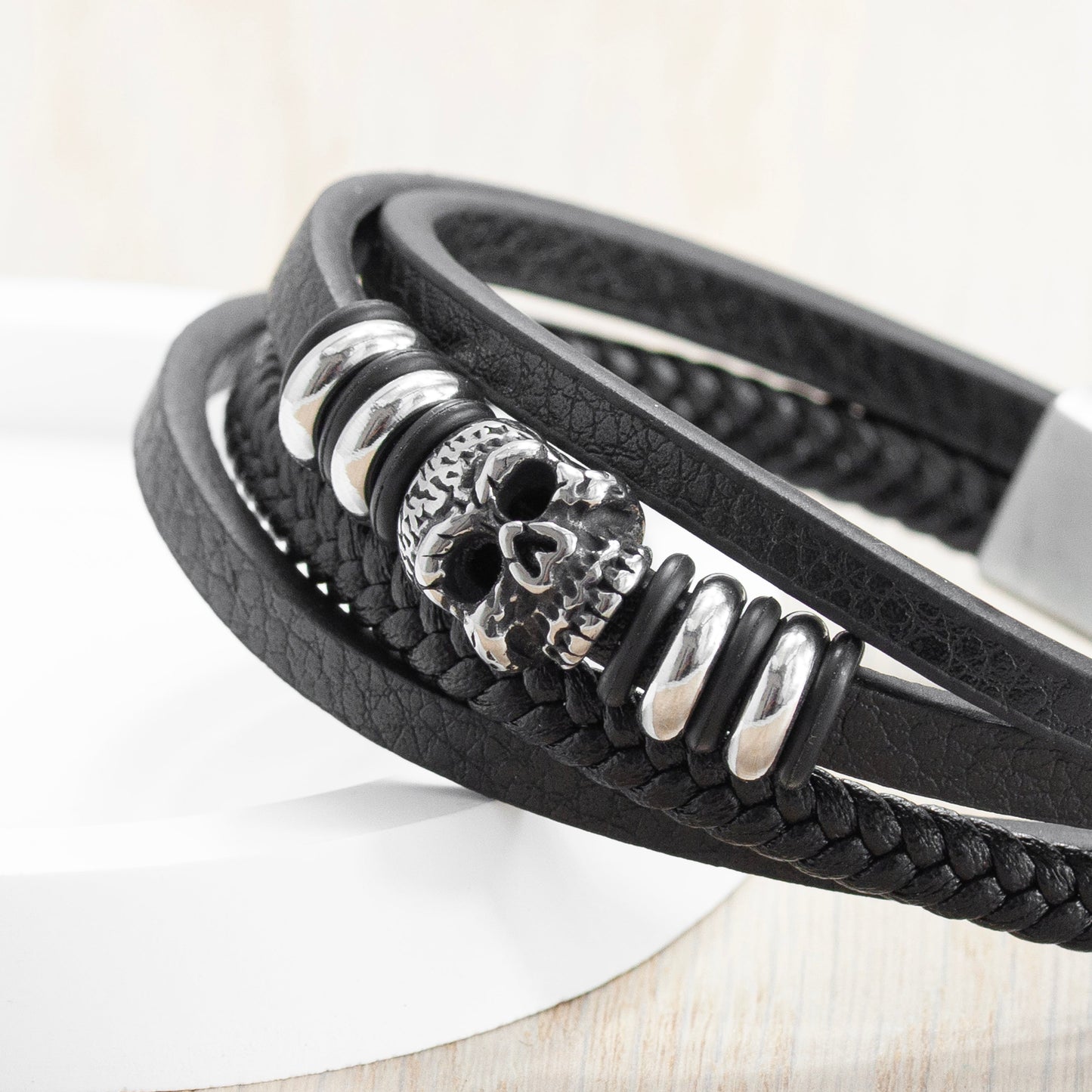 Treat Republic Personalised Men's Stacked Leather Skull Bracelet