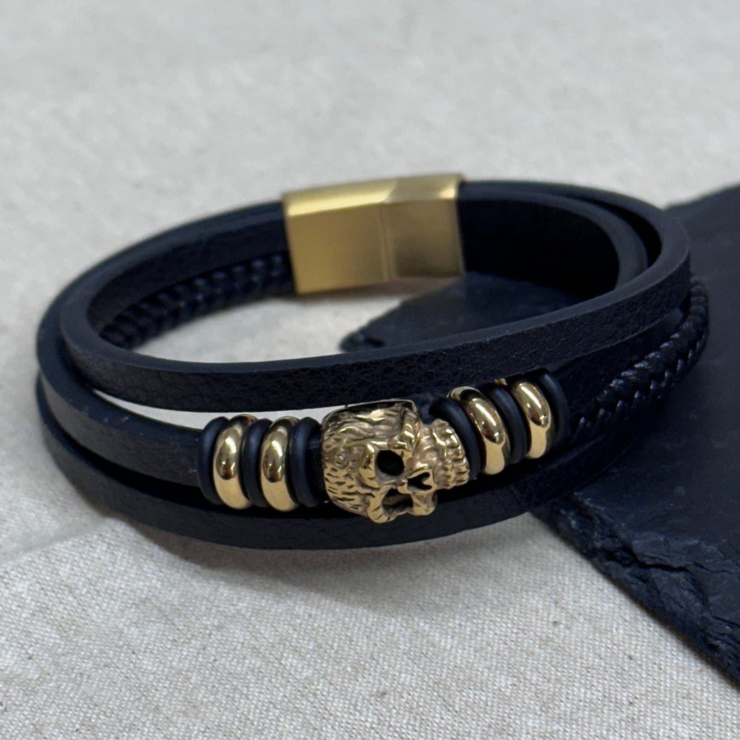 Treat Republic Personalised Men's Stacked Leather Skull Bracelet