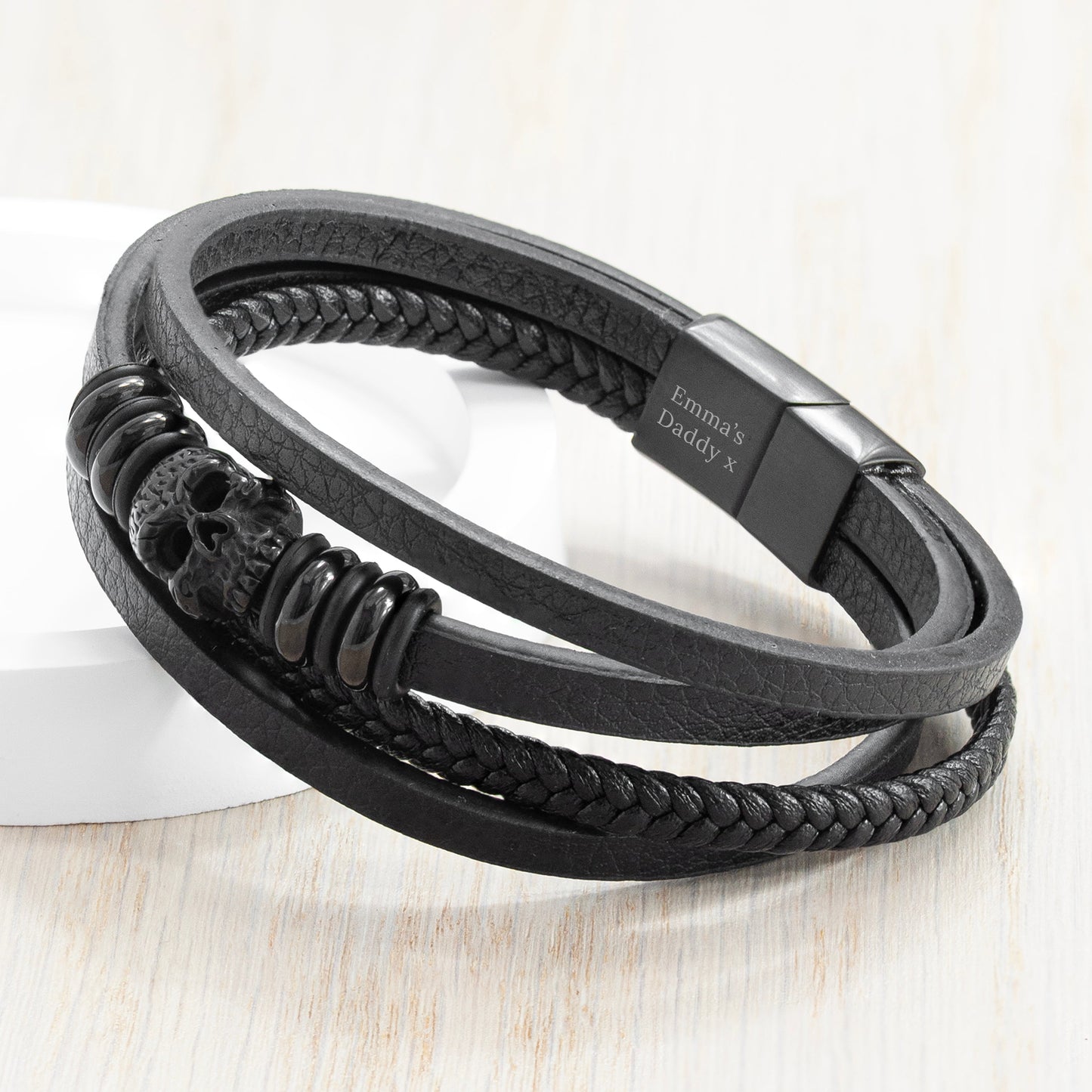 Treat Republic Personalised Men's Stacked Leather Skull Bracelet