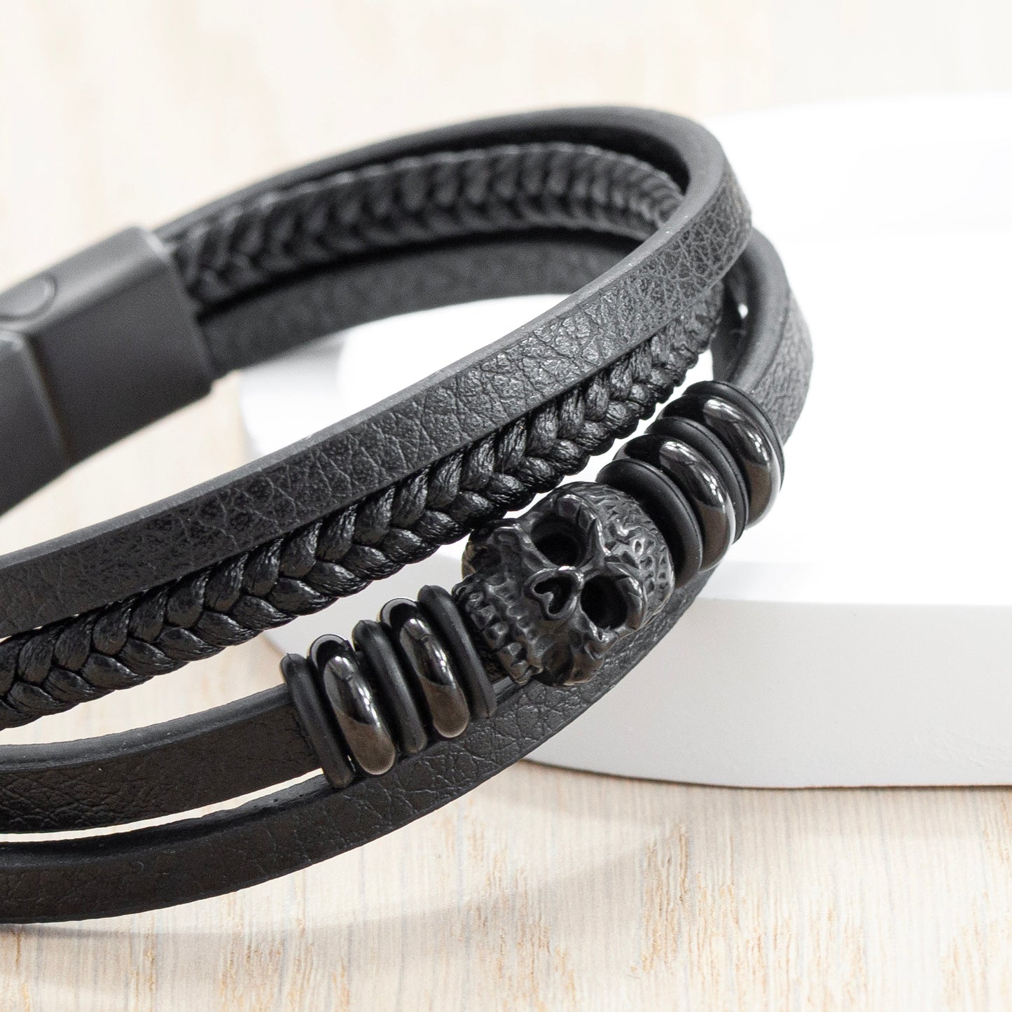 Treat Republic Personalised Men's Stacked Leather Skull Bracelet