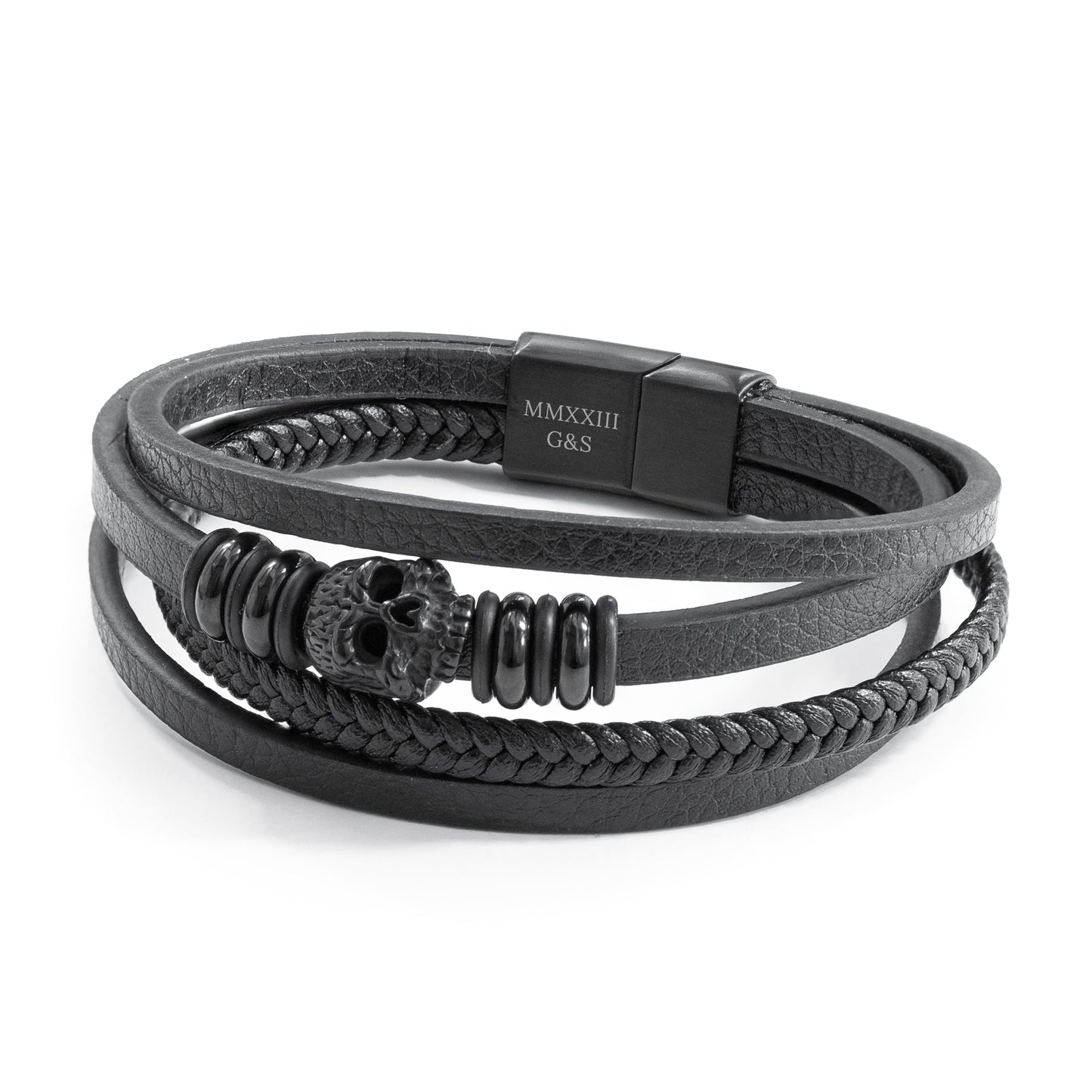 Treat Republic Personalised Men's Stacked Leather Skull Bracelet