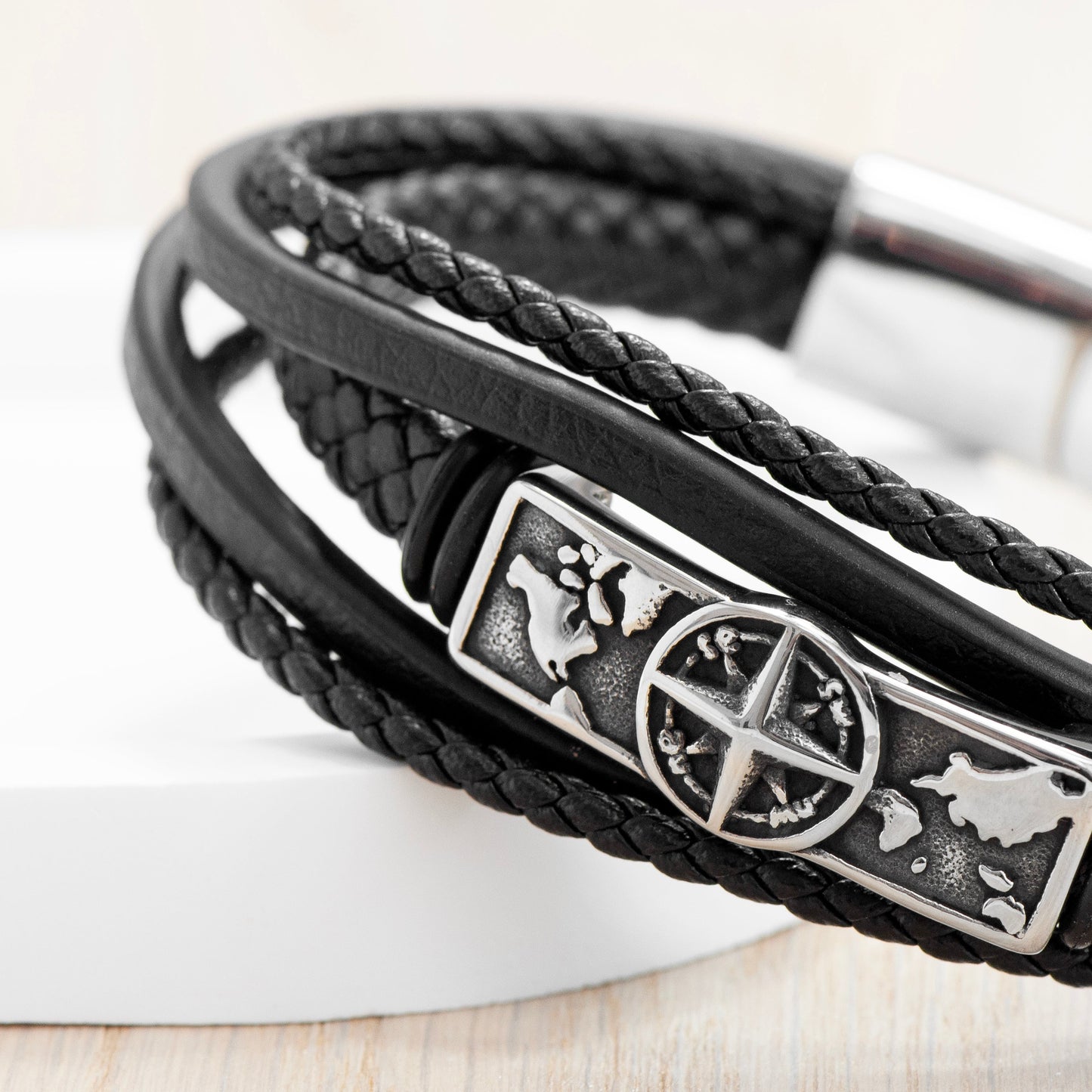 Men's Travel Compass Stacked Leather Bracelet by Treat Republic