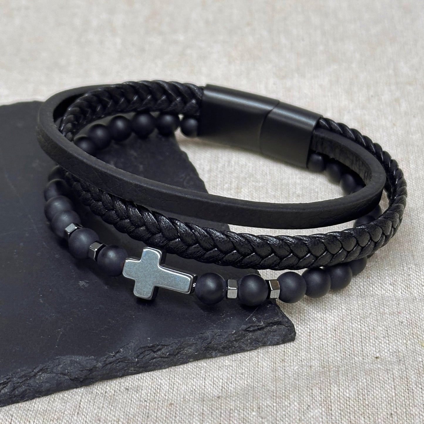 Men's Beaded and Stacked Leather Cross Bracelet by Treat Republic