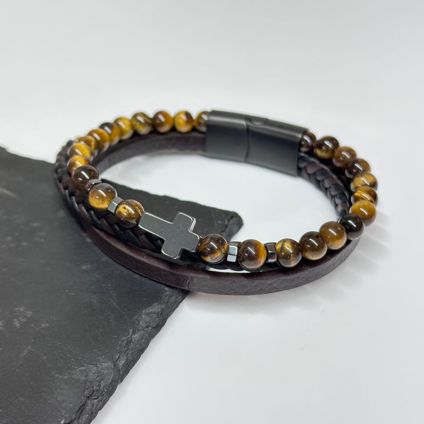 Treat Republic Personalised Men's Dual Tiger's Eye and Leather Cross Bracelet