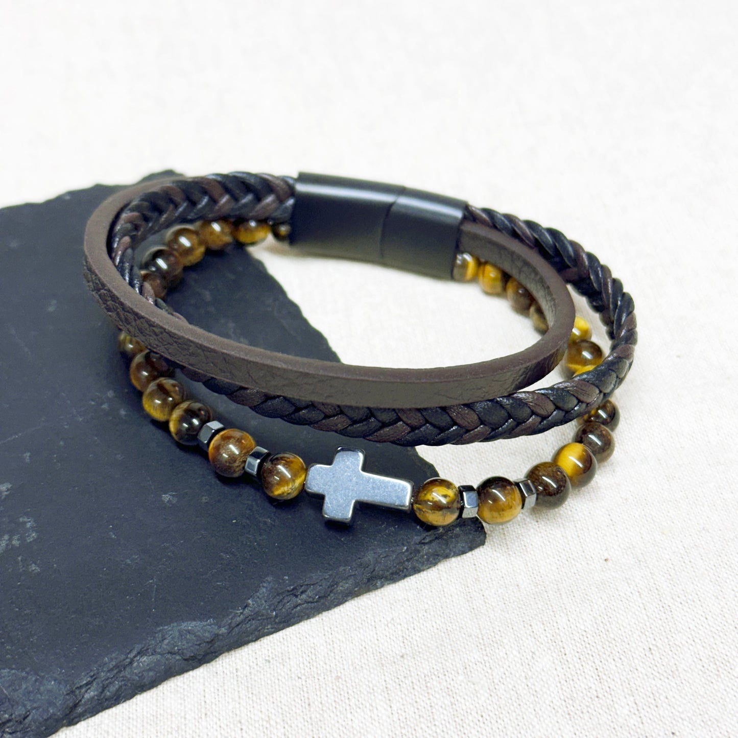 Treat Republic Personalised Men's Dual Tiger's Eye and Leather Cross Bracelet